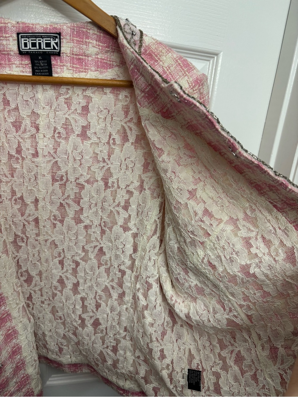 Berek by Takako Sakon Pink/Cream Tweed Plaid Embellished Vintage Lace Jacket - Picture 7 of 10